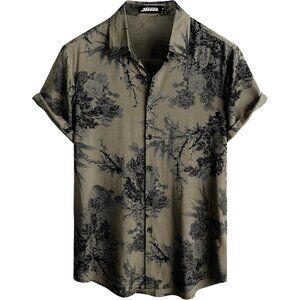 Mens Khaki Hawaiian Shirt Short Sleeve Button Down Tropical Floral Casual Beach